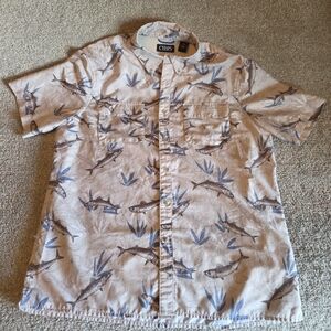 Chaps Fishing Shirt Adult LARGE Tan All Over Fish Mackeral Print Button Down